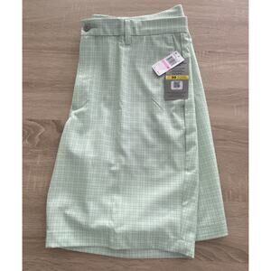PGA Tour Men's 38W Flat Front Shorts Moisture Wicking Easy Care Green Check NEW